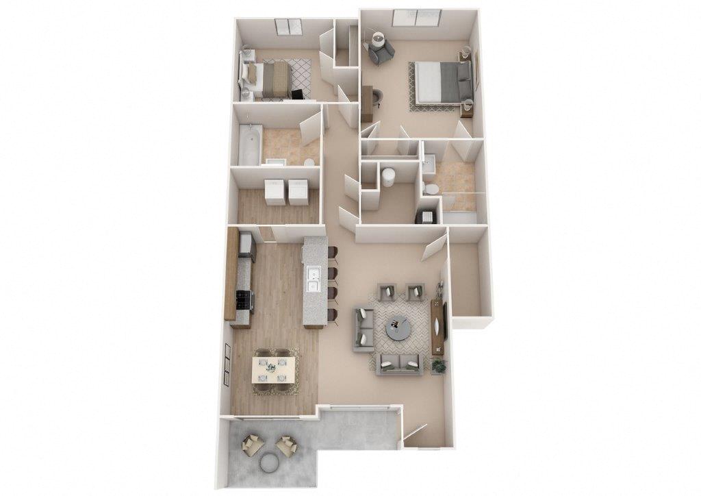 Floor plan for 2 beds, 2 baths, 1043 sqft